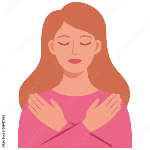 Breast Cancer Awareness Woman Hugging Herself Flat Vector Illustration