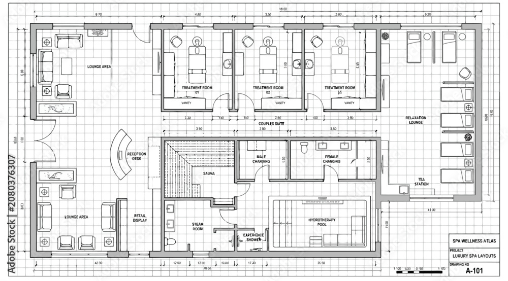Fototapeta premium Architectural floor plan of a modern spa facility with treatment rooms and reception area
