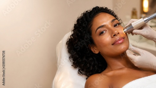Woman receiving facial treatment with professional skincare device in beauty clinic spa