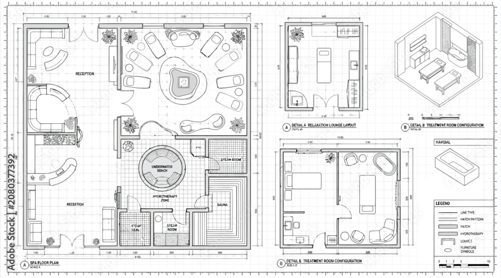 Obraz premium Architectural floor plan of a modern spa and wellness center with treatment rooms and reception area