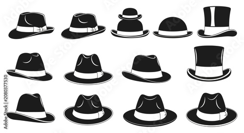 Cuadro en lienzo Black Hats, Fedora Hats, Top Hats, Vintage Hat Icons, 12pcs