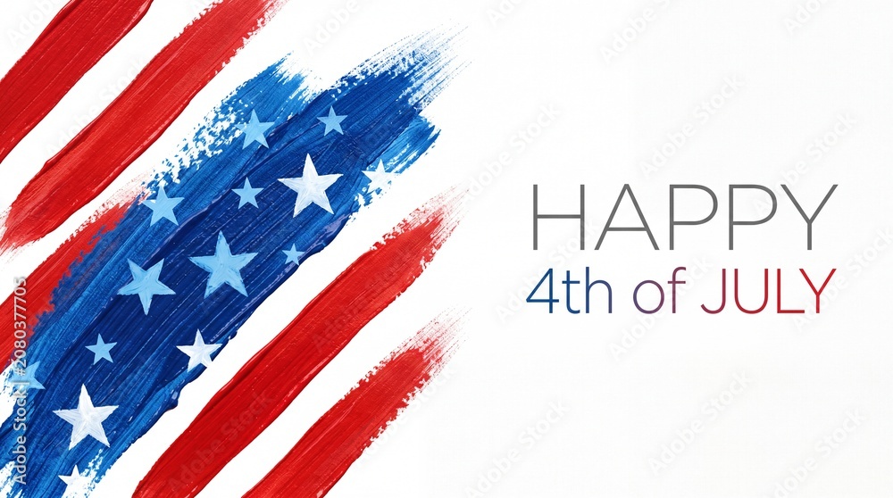 Naklejka premium Happy 4th of July greeting card with artistic painted American flag brush strokes red and blue acrylic textures white stars and clean minimalist copy space