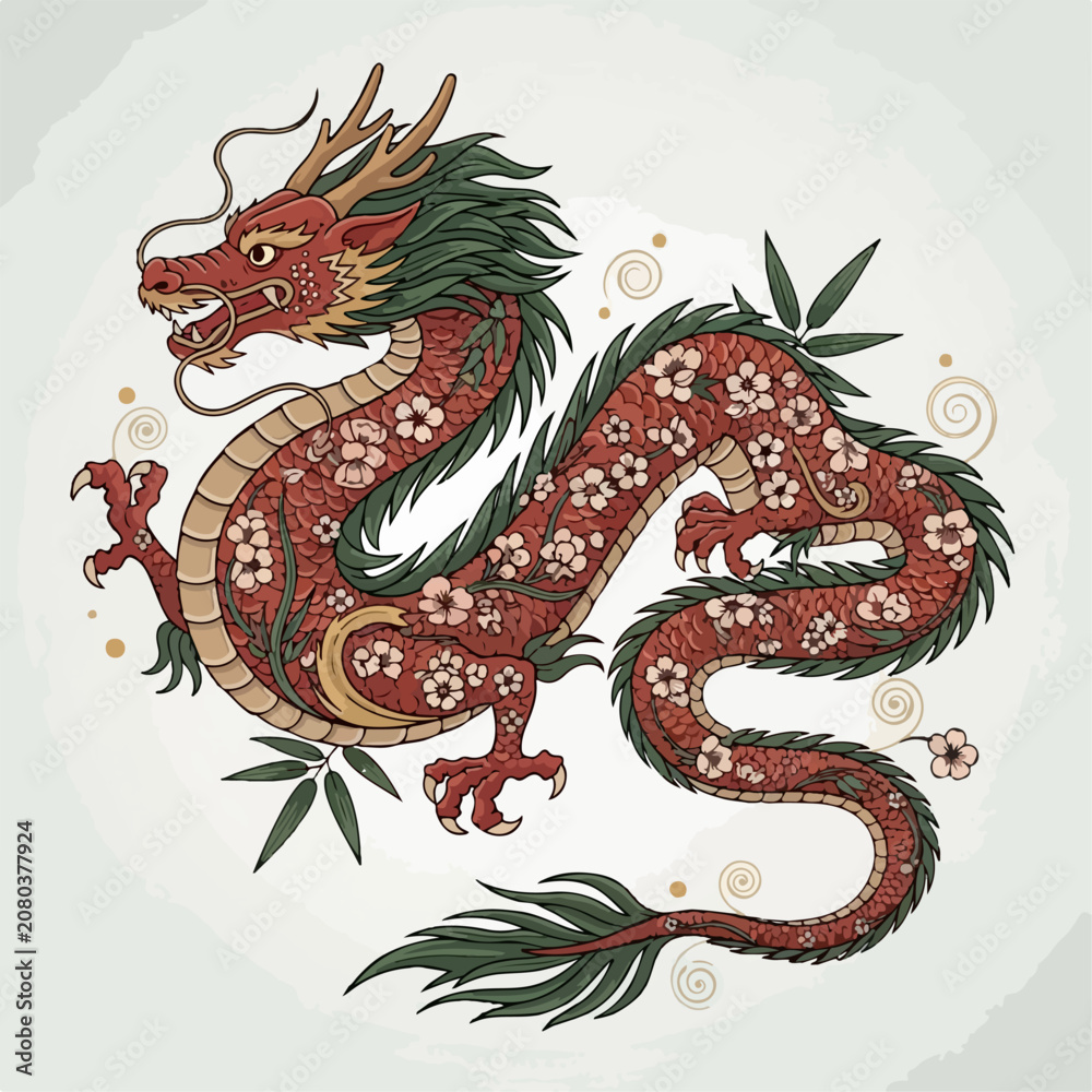 Fototapeta premium Mystic Red Dragon Lotus Art Tattoos Bundle
