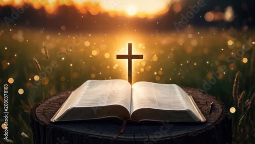 Open Bible at sunset, cross in the background