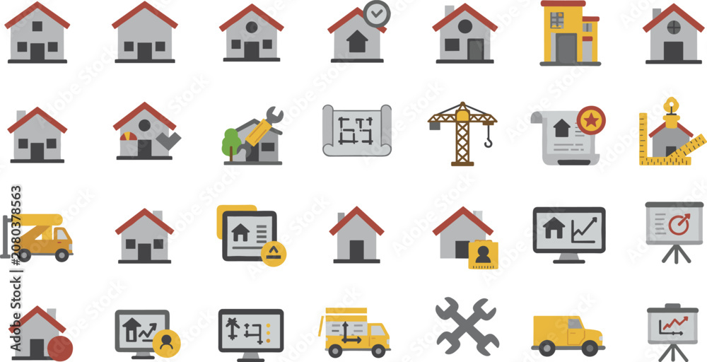 Fototapeta premium Real estate icons, property management symbols, construction tools, home repair services, architecture planning, housing development graphics vector illustration