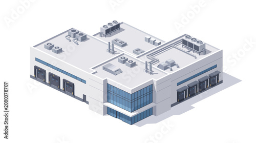 Isometric View of a Modern Industrial Warehouse Building Featuring Loading Docks and HVAC Roof Units for Logistics and Distribution Facilities