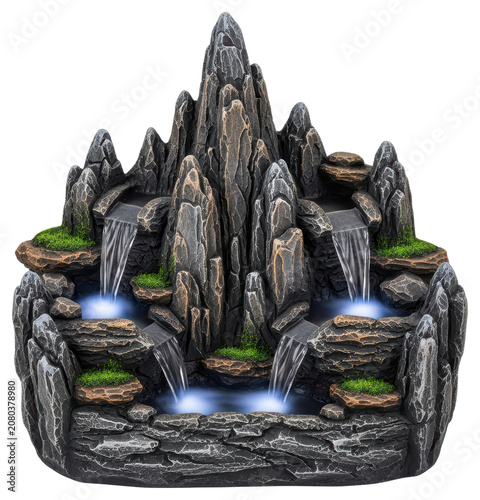 Rocky mountain waterfall fountain blue lights isolated transparent background