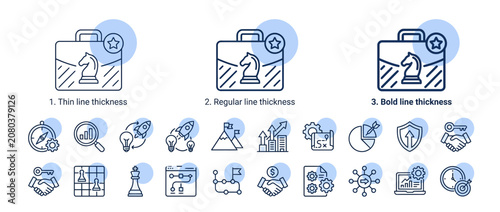 Set of business strategy and management icons with briefcase and chess knight symbols.