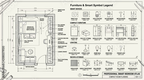 Cuadro en lienzo Furniture and smart symbol legend for architectural bedroom design