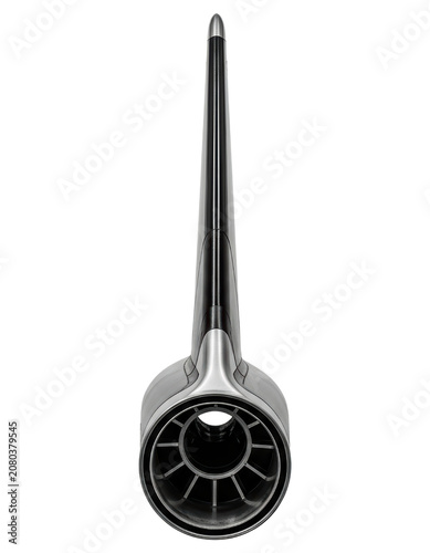 Futuristic jet engine turbine with aerodynamic tail fin over transparent background