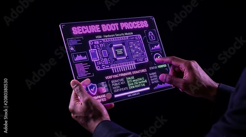 Professional technician analyzing secure boot process on a transparent holographic digital display.