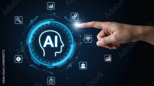 Human finger touching a digital artificial intelligence icon on a dark blue screen