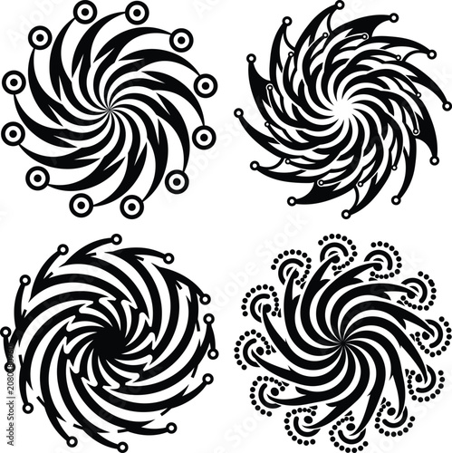 Swirl Wave Icon Set with Bold Black Lines and Circular Dot Accents for Decorative Vector Designs and Branding