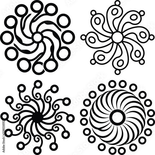 Swirling Bubble Flower Icons Set with Black Circular Waves and Decorative Spiral Petals on White Background