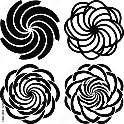 Swirling Vortex Icon Set with Interlocking Spirals in Black and White Vector Design for Modern Graphics