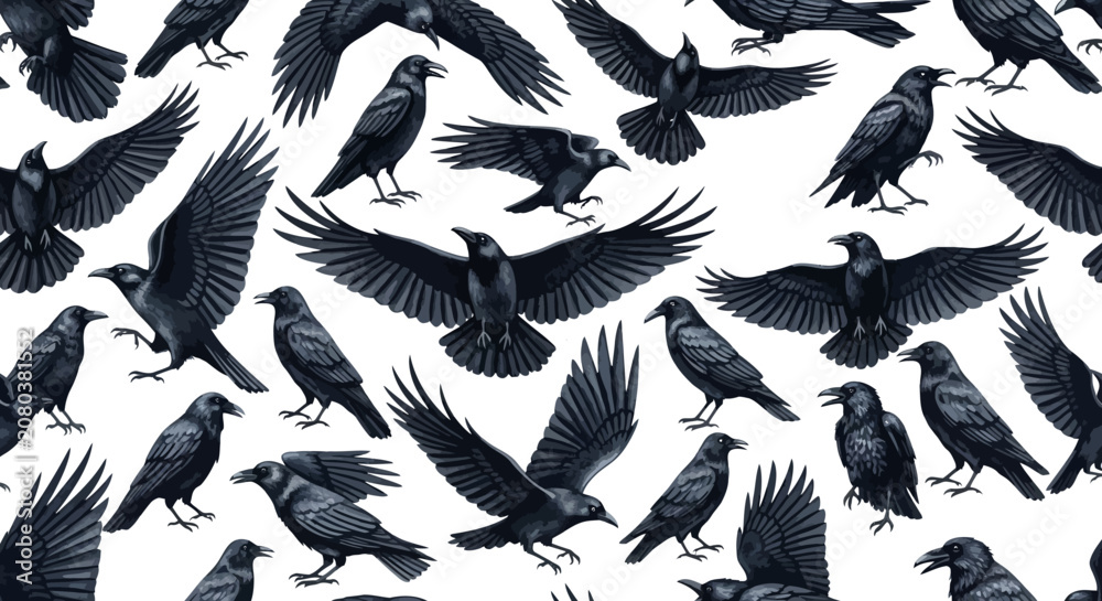 Fototapeta premium Black crows, ravens, flying birds, wildlife illustrations, seamless pattern
