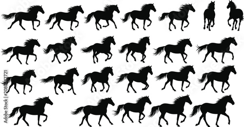 Foto Running horse silhouettes set, galloping and walking poses, equestrian vector il