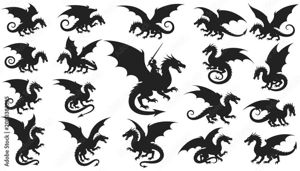 Fototapeta premium Large collection of black dragon silhouettes in various poses and actions representing mythical fantasy creatures for design projects.