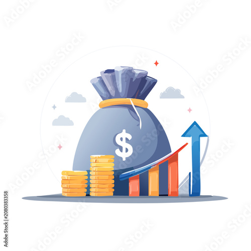 Money bag with coins and growth chart vector illustration