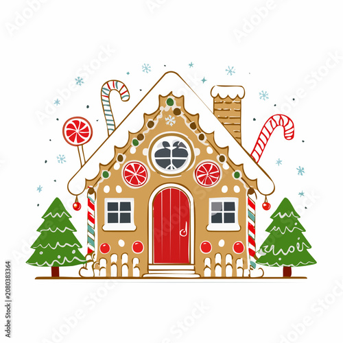 Gingerbread house with Christmas trees and candy canes