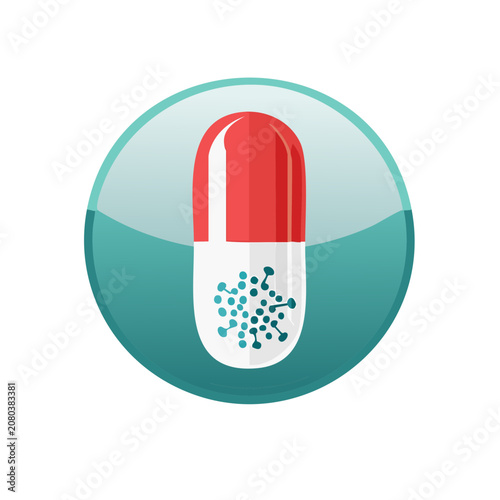 Red and white capsule pill icon with molecular structure