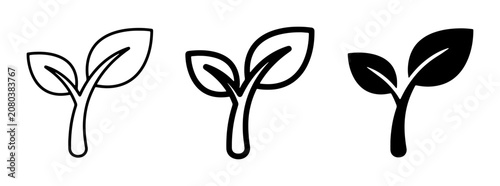 Sprout Icons, Seedling Vector Graphics, Growth Symbols. Set of three minimalist plant icons in outline and solid fill styles, representing new life, development, and nature.