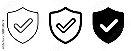 Shield with Checkmark Icons Set, Security and Approval Symbols, Vector Graphics for Protection and Verification