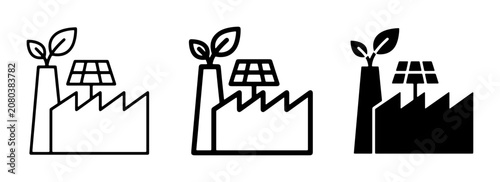 Eco-friendly factory icons, renewable energy industry symbols, green manufacturing concept, solar power and plant growth illustrations, clean production vector set