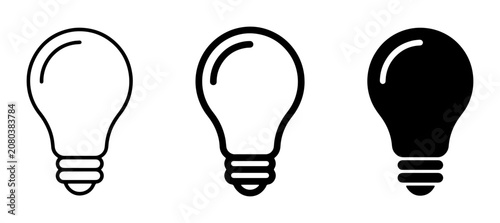 Light Bulb Icons Set, Simple Vector Graphics for Ideas, Innovation, and Solutions; Black and White Line Art and Solid Fill