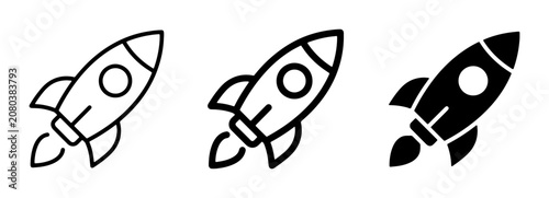 Rocket Ship Icons Set: Simple Line Art and Solid Black Vector Graphics for Space Exploration, Startups, and Innovation Concepts