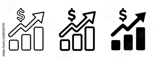 Financial Growth Icons, Bar Chart with Upward Arrow and Dollar Sign, Business Success Vector Set, Economic Trend Graphics