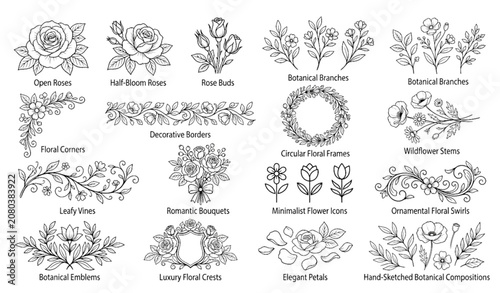 Elegant Hand Drawn Floral Line Art Collection with Rose Botanical Elements for Branding Wedding and Decorative Design