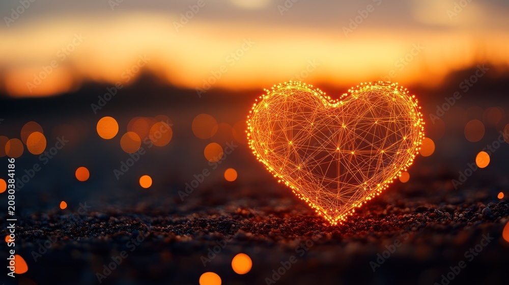 Fototapeta premium Glowing heart shape, network design, sunset backdrop