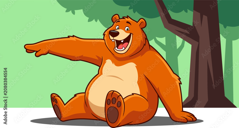 Obraz premium Cute Cartoon Bear Sitting in Forest Pointing Flat Vector Illustration