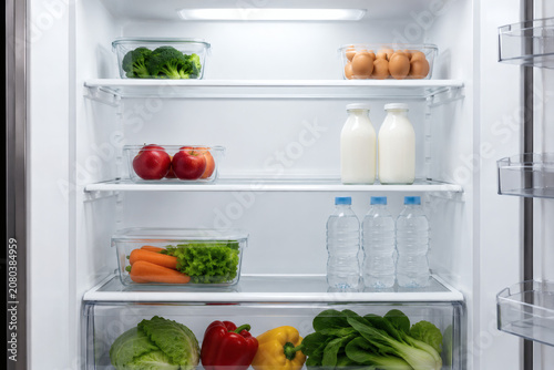 Minimal Refrigerator Interior with Healthy Essentials and Copy Space
