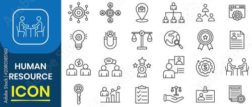 Human resource icon set. Set of 24 outline icons related to human resources, recruitment, HR, leadership, teamwork, business, office, company, management and more. Vector illustration.