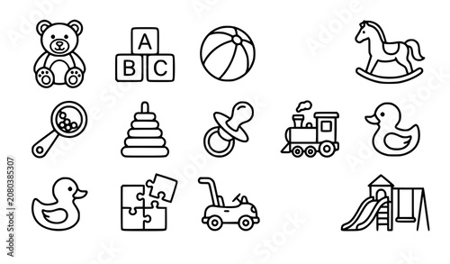 Obraz na plátně Baby Toys and Kindergarten Playground Equipment Line Vector Icon Set Featuring T