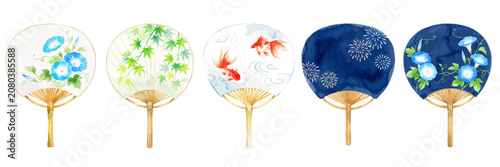 Foto うちわのイラストセット,水彩風の団扇と夏の風物詩、朝顔・金魚・青もみじ・花火、和風手描きパーツ素材、暑中見舞い広告素材,ベクター,夏祭り・涼しげなサマーギフトデ