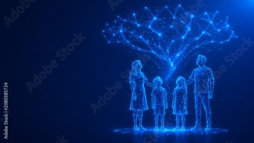 Parents supporting children under glowing digital network tree. happy parents' day futuristic low. happy parents' day futuristic low poly family background, abstract futuristic parents' day family