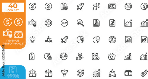 Revenue performance Editable line Vector illustration icon set. revenue investment, and performance, indicators for business analytics. on transparent background.
