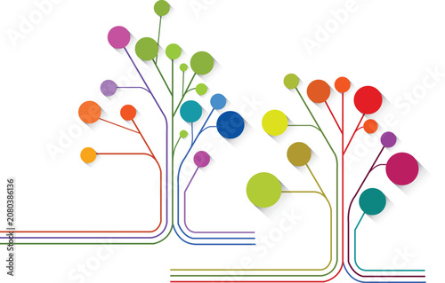 Two creative abstract tree diagrams with colorful circular nodes and connected lines on white office background.