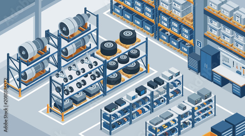 A detailed illustration of a warehouse storing tires and automotive parts on shelves