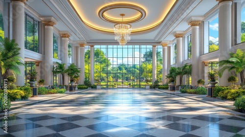 Grand hall with lush garden view