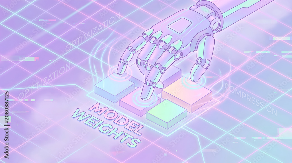 Fototapeta premium AI Model Optimization and Compression Concept with Robotic Hand Tuning Model Weights on Virtual Interface