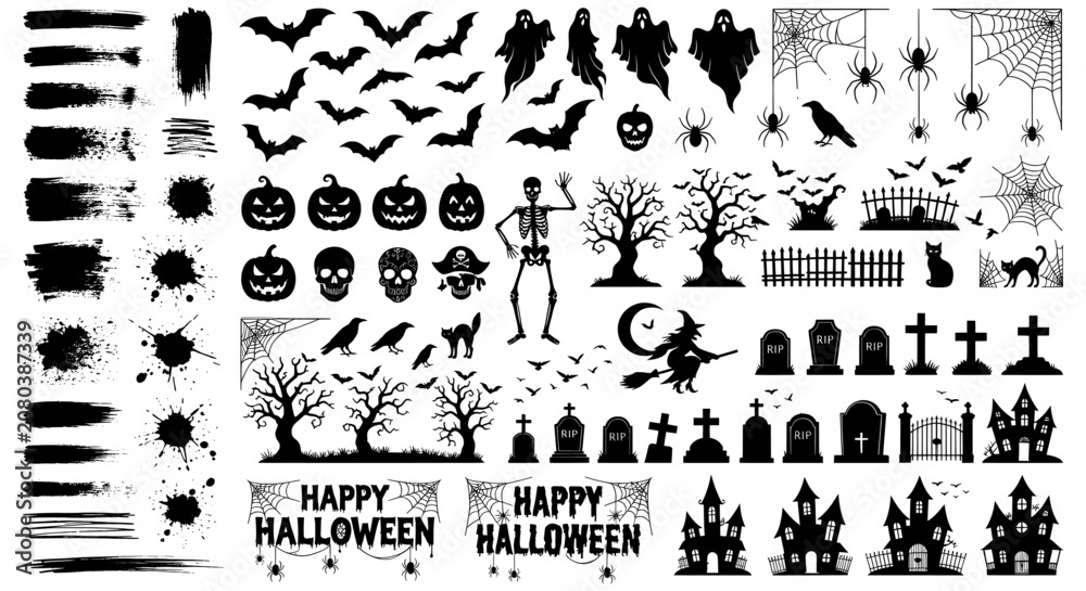 Fototapeta premium Halloween silhouette collection with spooky icons, black hand drawn horror elements, creepy graveyard and haunted house clip art set on white