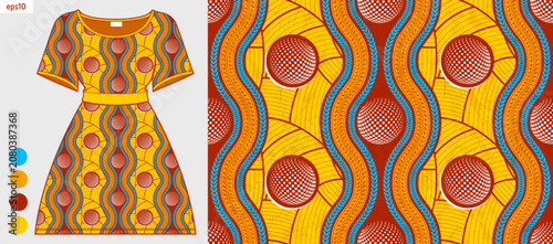 African Ethnic Dress Mockup with Abstract Floral Circles and Leaf on Red Background Patterns for Summer Textile and Casual Fashion Design