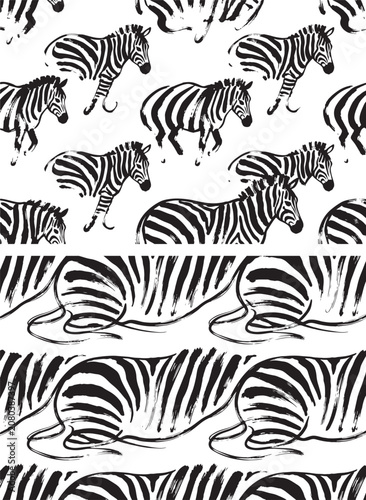 Photography Zebra seamless pattern set with hand drawn ink brush illustrations of wild anima