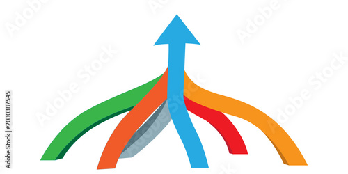Bild auf Leinwand Multicolor abstract arrows converging upward representing growth and business synergy or unification of different strategic paths