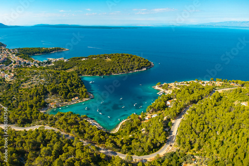 Konstfotografi Scenic drone panorama of a peaceful Adriatic bay on Cres island framed by pine f