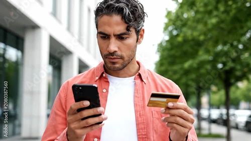 Serious young man making an online payment with his credit card and smartphone outdoors.